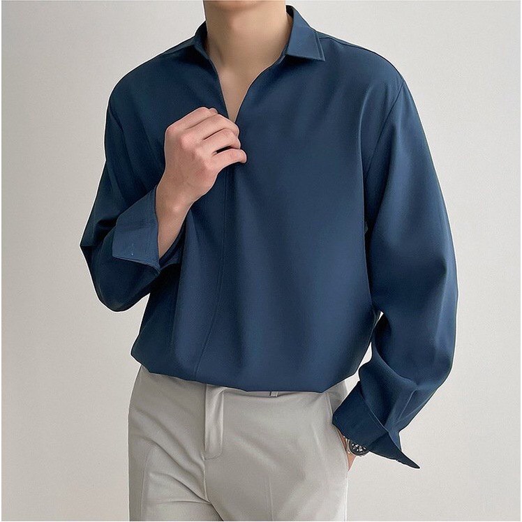 Sơ mi nam nữ cổ V vải lụa, Áo sơ mi form rộng Unisex nam nữ tay dài Hàn Quốc