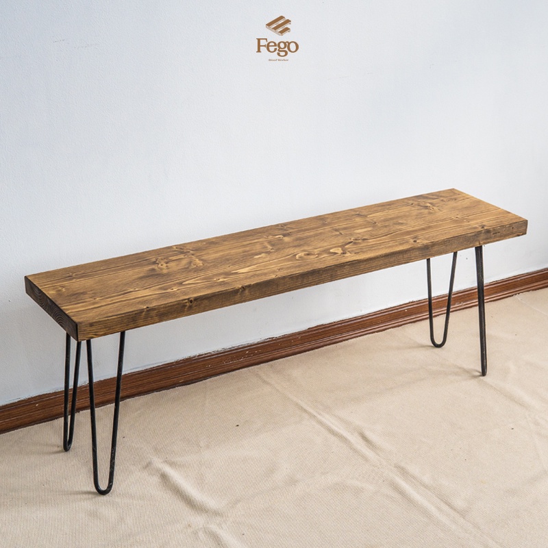 Ghế băng chân sắt FEGO gỗ thông tự nhiên ngồi phòng ăn, phòng khách
