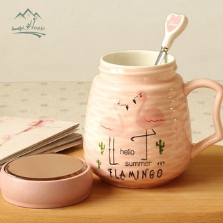 Cốc sứ uống nước, cà phê, sữa,... bằng sứ có nắp kèm thìa Flamingo