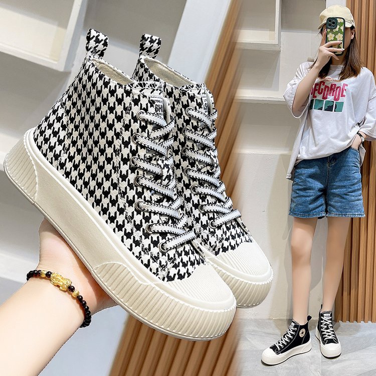 JINxCHOY Giày thể thao JINXCHOY vải canvas cổ cao mũi tròn buộc dây chéo màu trơn đế dày thời trang cho nữ