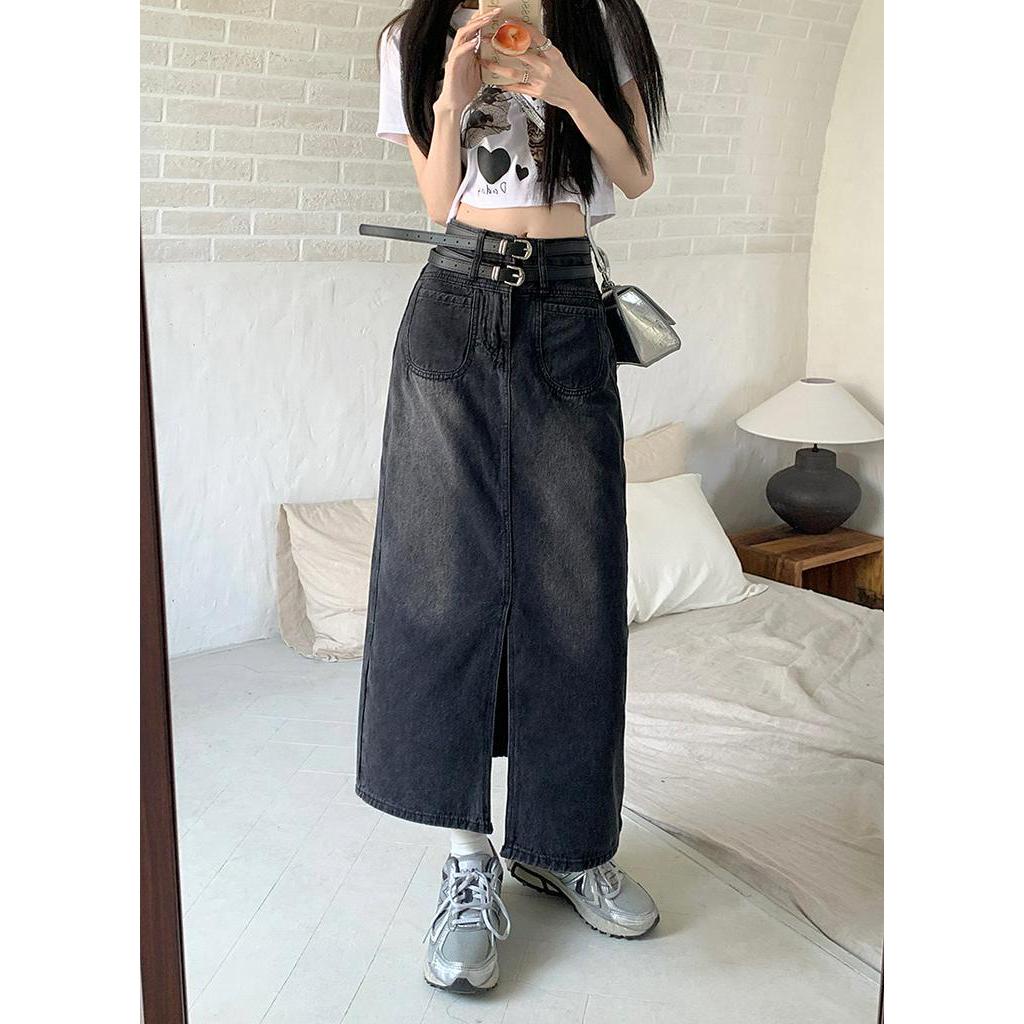 Chân Váy Denim Dáng Chữ A Lưng Cao Phối Thắt Lưng Phong Cách Retro Thời Trang Mùa Hè Hàng Mới 63754