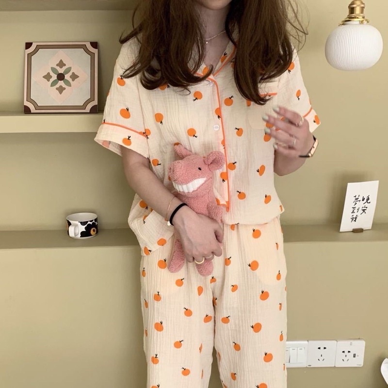 [CÓ SẴN] Đồ ngủ pijama cộc tay quần dài quả cam hè thu bộ ngủ Hàn Quốc ullzang