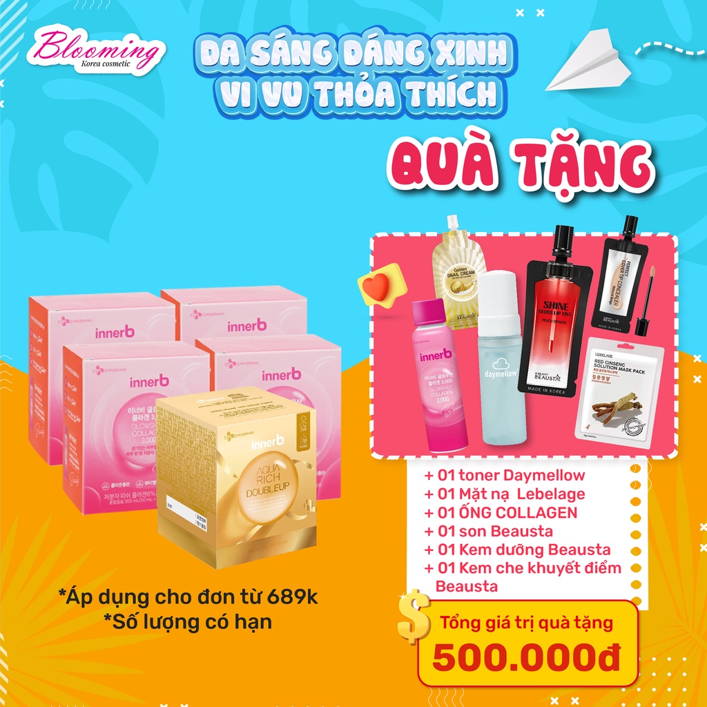 Combo giữ ẩm da sáng mịn InnerB Aqua Rich DoubleUp 70 viên &amp; 4 hộp Collagen InnerB Glowshot