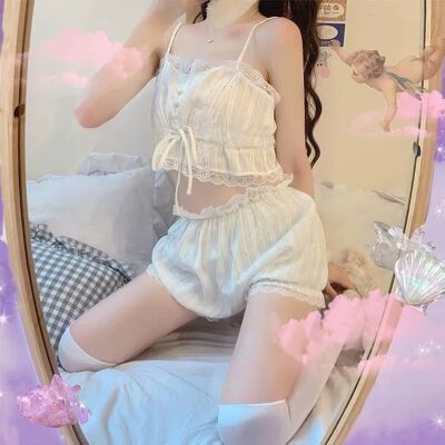 Sét bộ ngủ 2 dây pha ren trắng xinh Quảng châu