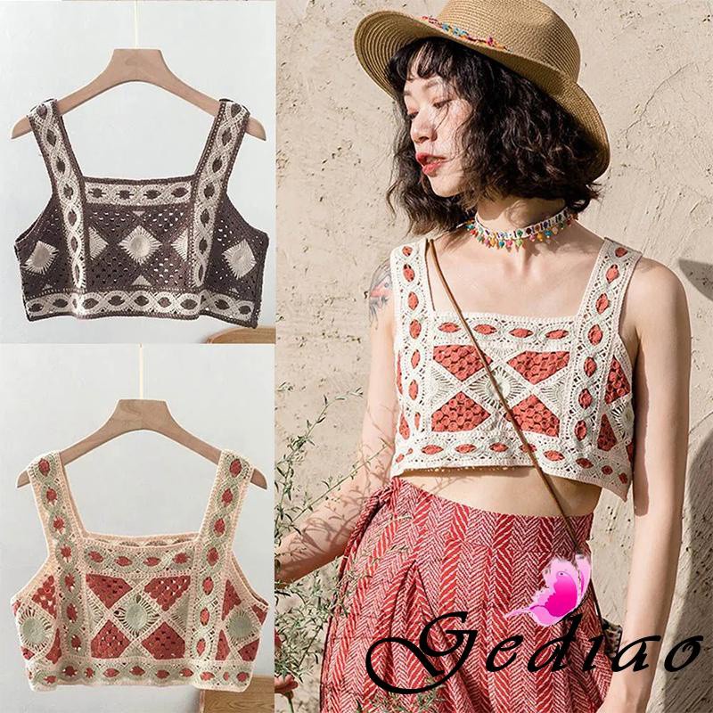Áo Croptop Không Tay Cổ Vuông Dáng Rộng Phong Cách Bohemian Thời Trang Dành Cho Nữ