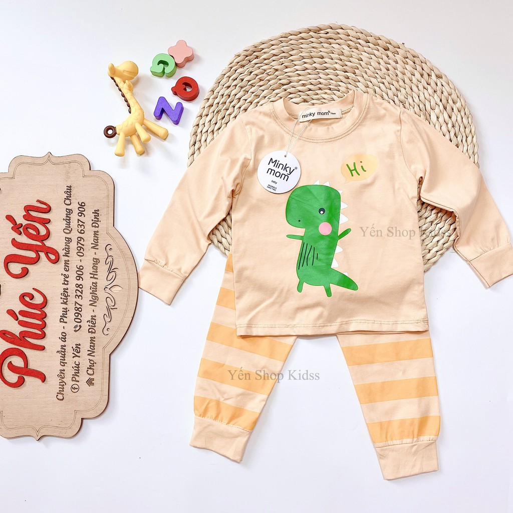 Sale !!! Bộ Dài Tay  Minky Mom Cotton 100 %  Họa Tiết Động Vật Gấu Nâu Xanh-Quần Kẻ Cho Bé_Super Sale (7-19kg) (1309 )