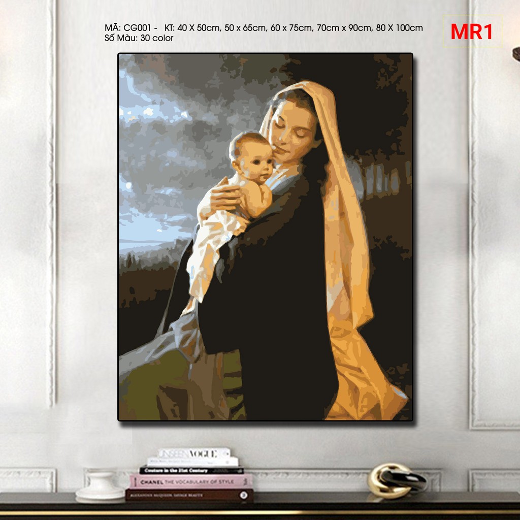 [Có sẵn, giá tại xưởng] Tranh sơn dầu số hóa tô màu công giáo đức mẹ Maria hài đồng căng khung kích thước 40x50 hot nhất