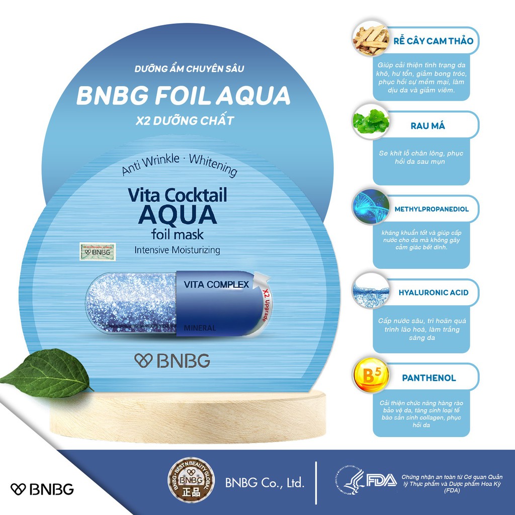 Combo 5 Mặt nạ cấp nước dưỡng da ẩm mượt, săn chắc BNBG Vita Cocktail Aqua Foil Mask - Intensive Moisturizing 30ml x 5
