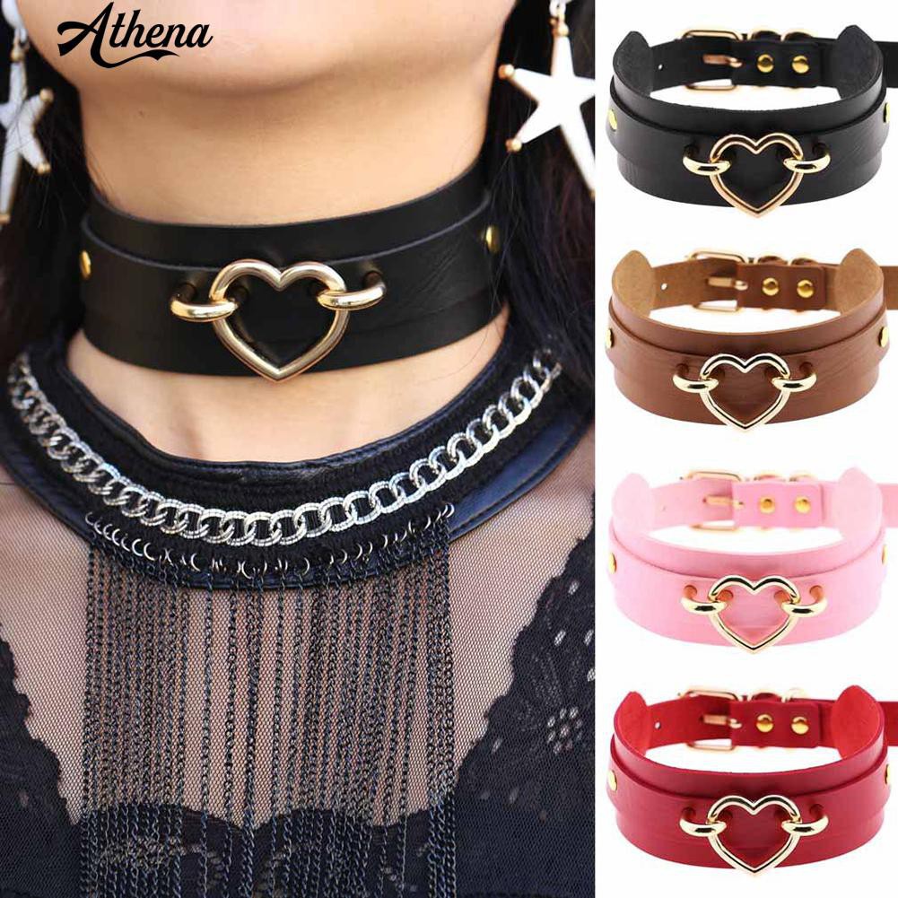 ATH_Punk Hip Pop Women Hearts Buckle Faux Leather Wide Choker Club Short Necklace