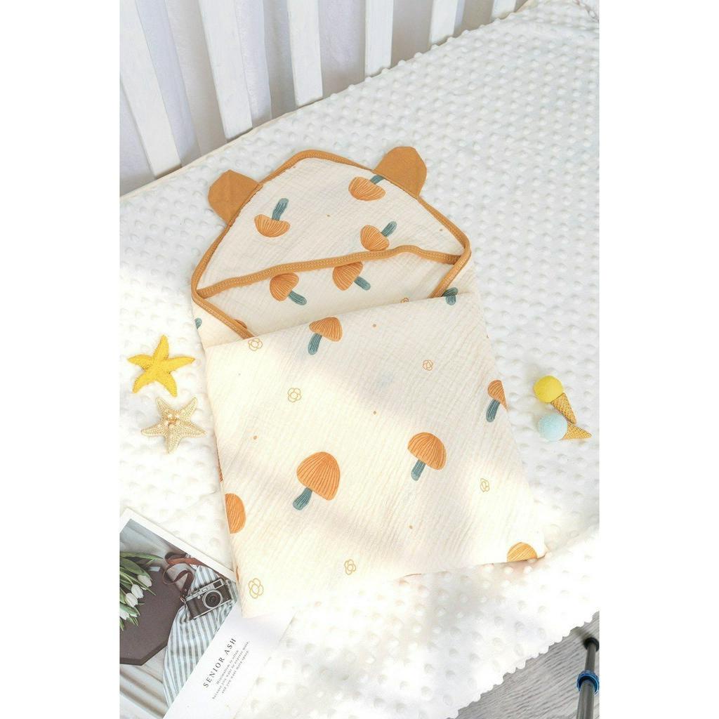 Chăn Mũ Sơ Sinh Zeloo, Chăn Ủ Quấn Có Mũ Cotton Muslin Cao Cấp Mùa Hè Cho Bé 80x80cm