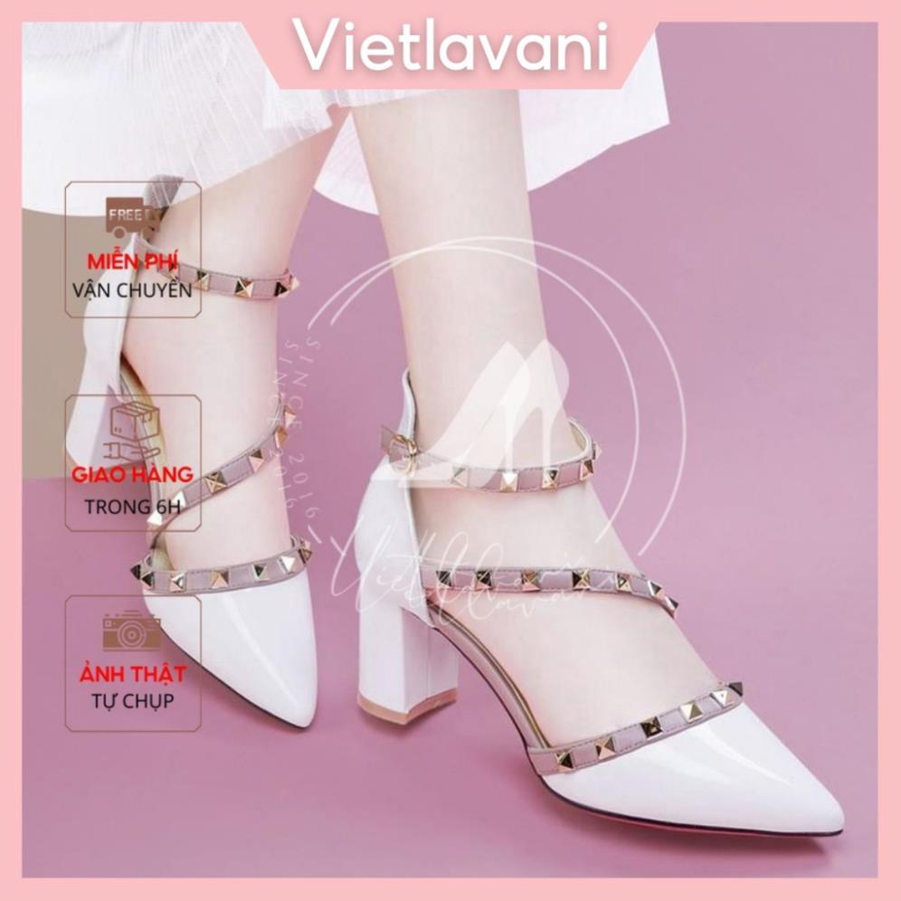 Giày cao gót đế vuông cho nữ đính đinh tán dây quai kiểu dáng thời trang cao 7p mã XKC42 🍁