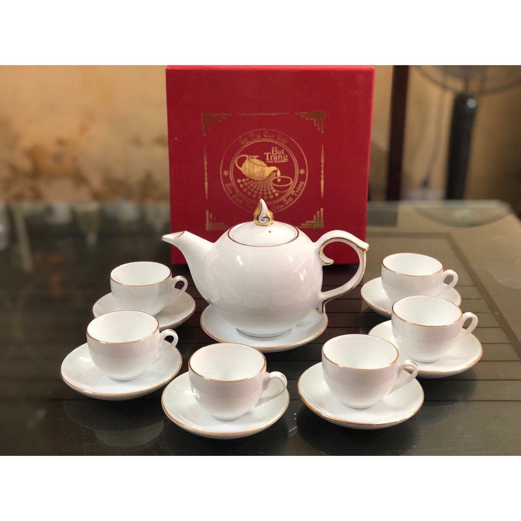 [Bát Tràng] Ấm Chén Trắng Vẽ Vàng Kim Bát Tràng Cao Cấp-Dáng chóp lửa | BigBuy360 - bigbuy360.vn