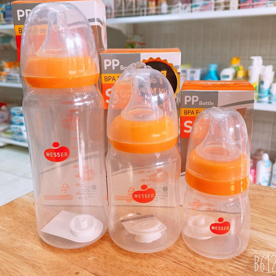 Bình sữa cổ hẹp tặng kèm van chống sặc 140ml PP Wesser