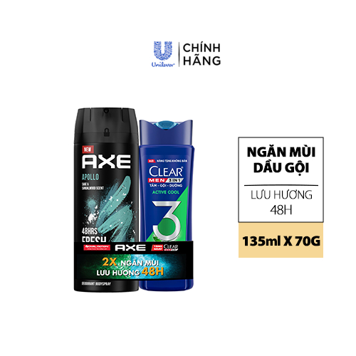 Xịt hương nước hoa toàn thân AXE Apollo 135ml + Dầu gội Clear 70g