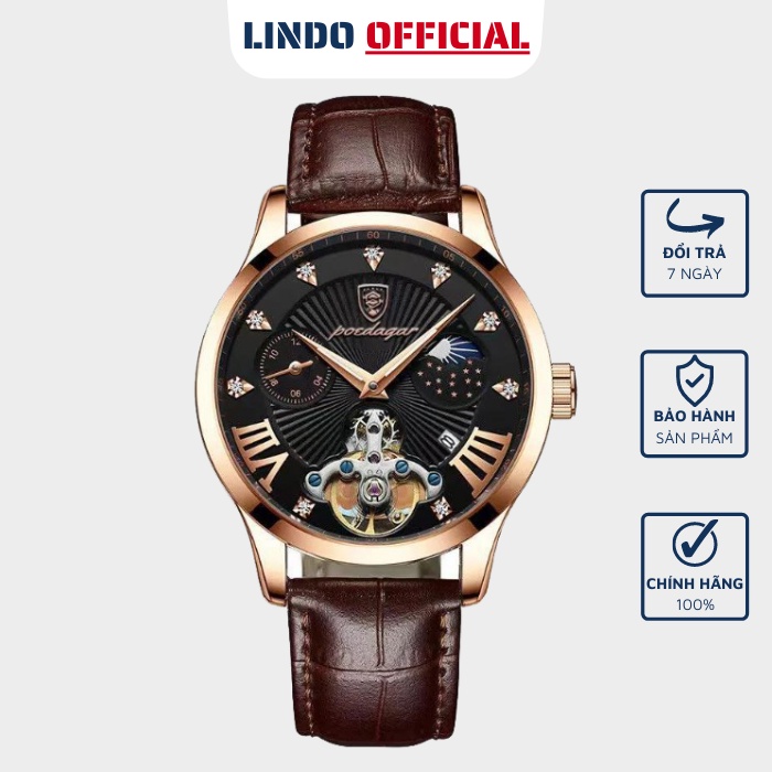 Đồng hồ nam dây da chính hãng đẹp POEDAGAR P906 cao cấp bền bỉ máy nhật kèm hộp đựng