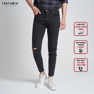 Quần Jeans Nam Rách Gối Chất Bò TONY4MEN Form Slimfit Màu Đen QJ1060