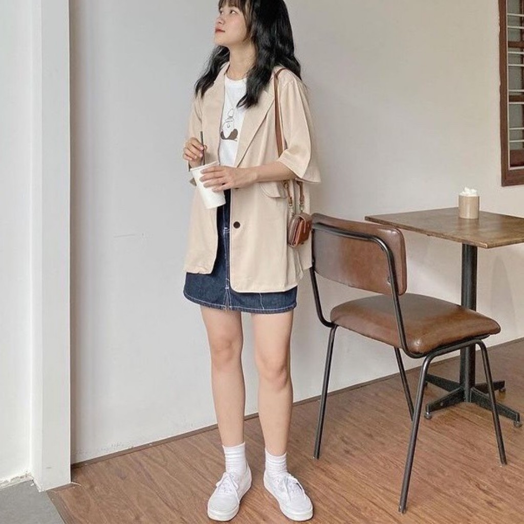 Áo blazer ulzzang cộc tay kiểu dáng Hàn Quốc / Áo vest khoác ngoài tay lỡ form rộng