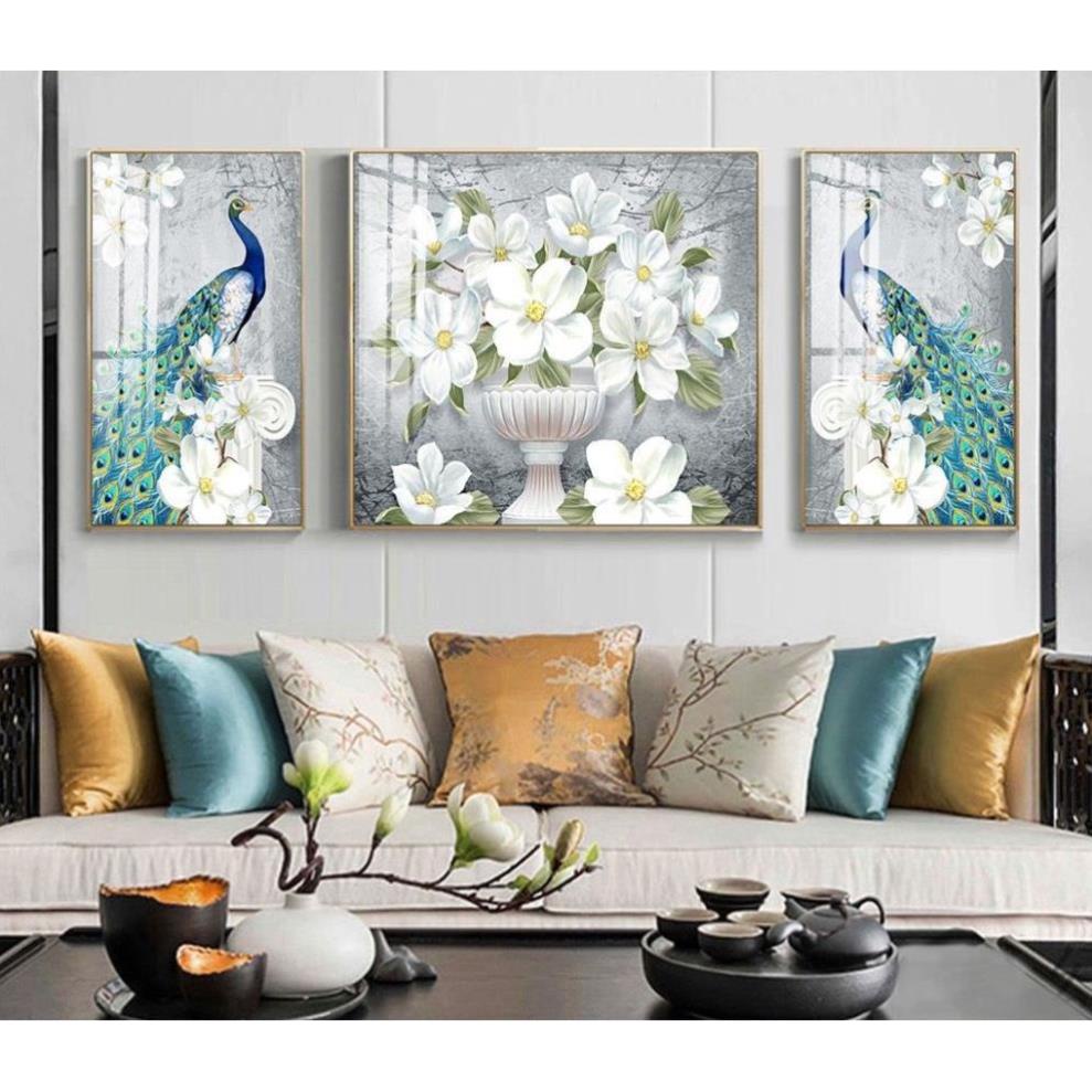 T42 Bộ 3 Tranh Tráng Gương Treo Tường Phòng Khách Hươu / nai Phú Quý / Phòng Ngủ Chim Công Và Bình Hoa