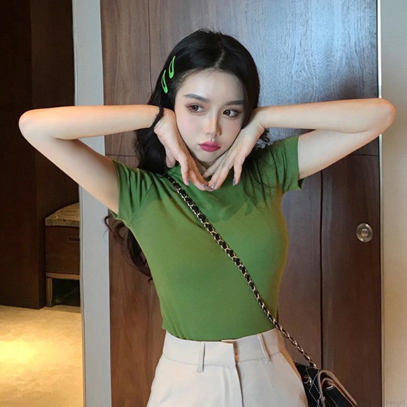 Áo Thun Nữ Ngắn Tay Màu Trơn Phong Cách Hàn Quốc