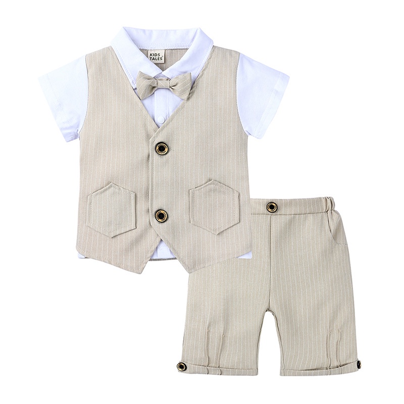 Áo Sơ Mi Ngắn Tay Giả Vest + Quần Short Thắt Nơ Phong Cách Anh Quốc Mới Cho Bé Trai
