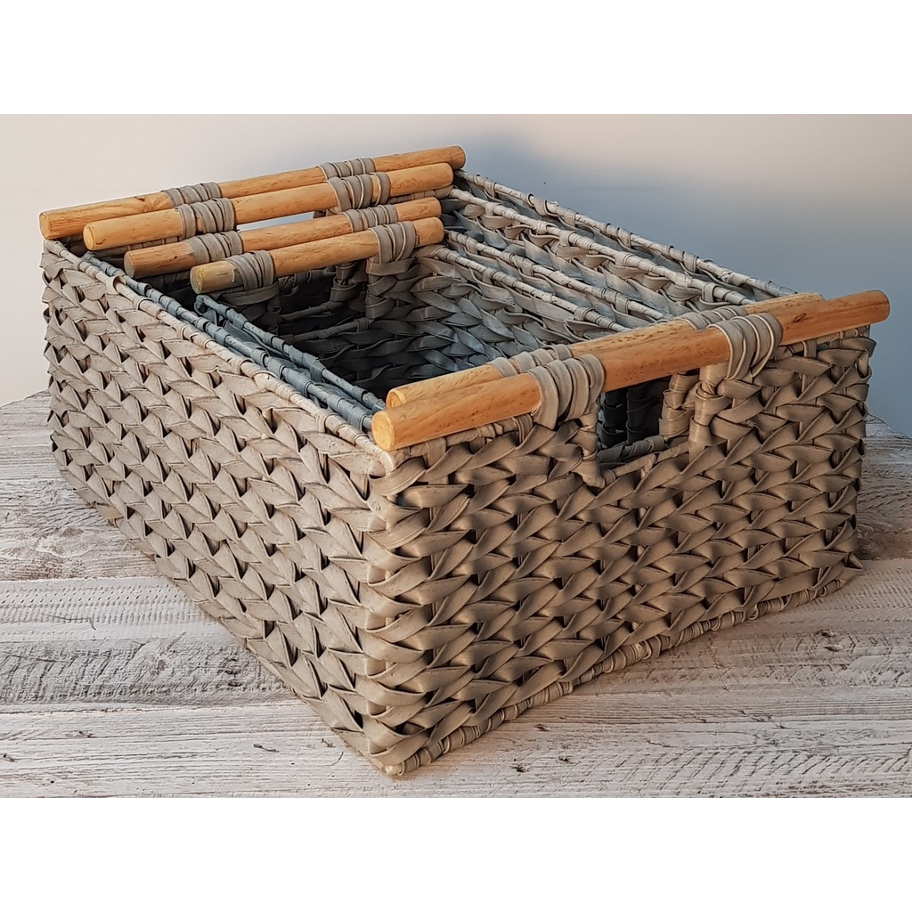 HASA- Set 4 giỏ đang dây nhựa quai gỗ, màu xám, 100% handmade