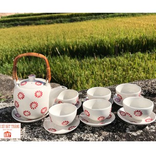 ấm chén bát tràng 🍀 𝗙𝗥𝗘𝗘 𝗦𝗛𝗜𝗣 🍀 Bộ Ấm trà Sứ Bát Tràng vẽ tay Hoa đỏ , bộ ấm hoa văn vẽ tay với hoa đào tỉ mỉ