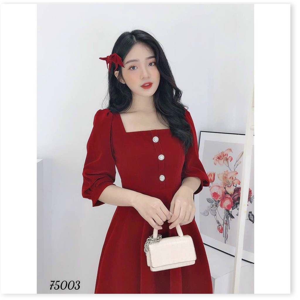 ĐẦM FORD ĐỎ,CỔ VUÔNG,HỌA TIẾT TRƠN NHƯNG KHÔNG KÉM PHẦN SANG TRỌNG LANA FASHION