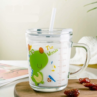 Ly thuỷ tinh có nắp đậy cốc có quai để uống nước pha sữa chia vạch 350ml tặng kèm ống hút