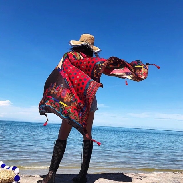 [HÀNG LOẠI 1]_Khăn Choàng Cổ Boho Vintage Cao Cấp Hoạ Tiết Đỏ Công