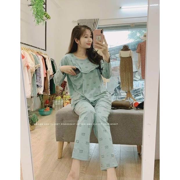 Bộ mặc nhà bầu và sau sinh hoạ tiết gấu pu viền bèo