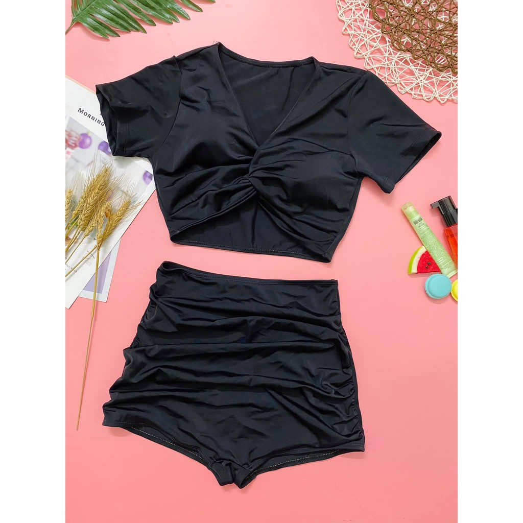 Bikini, Đồ Bơi Đi Biển Hai Mảnh Xoắn Ngực Nhiều Màu, Quần Đùi Cạp Cao Áo Crop VATIXA BKN12