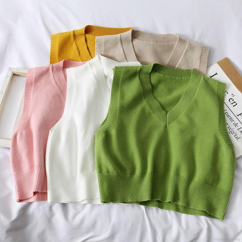 Áo Sweater Dệt Kim Sát Nách Cổ Chữ V Thời Trang Thu Đông Cho Nữ