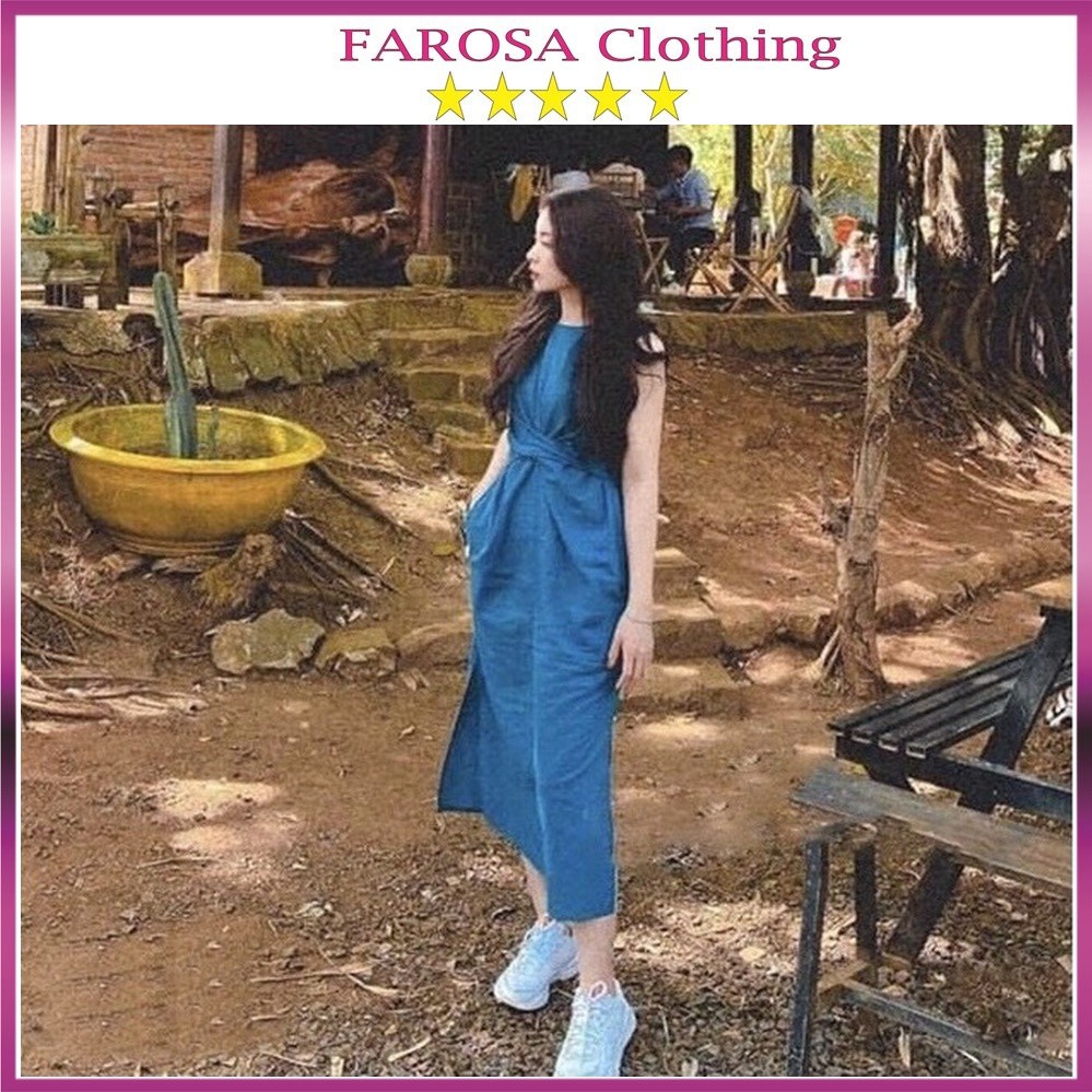 Đầm Đũi Suông Xoắn Eo FAROSA Váy Sát Nách Dây Buộc Thắt Eo Xanh Cô Ban Xinh Xắn