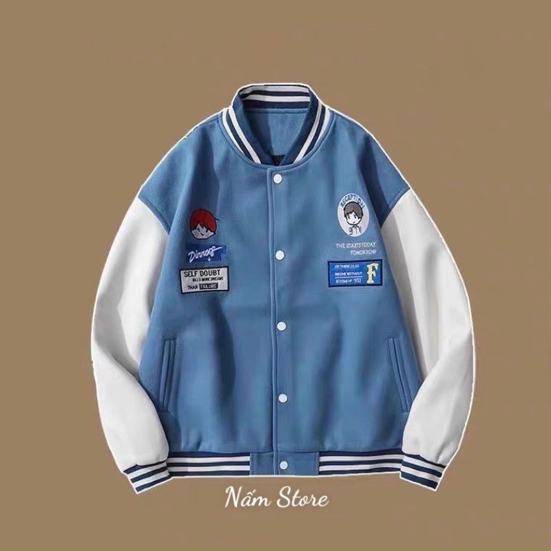 Áo khoác bomber in hình phối tay trắng unisex form rộng style ulzzang - Áo khoác bóng chày màu đen, nâu, xanh