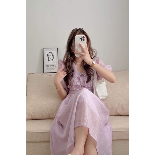 Váy tơ nhăn cổ vuông bèo khuy dọc