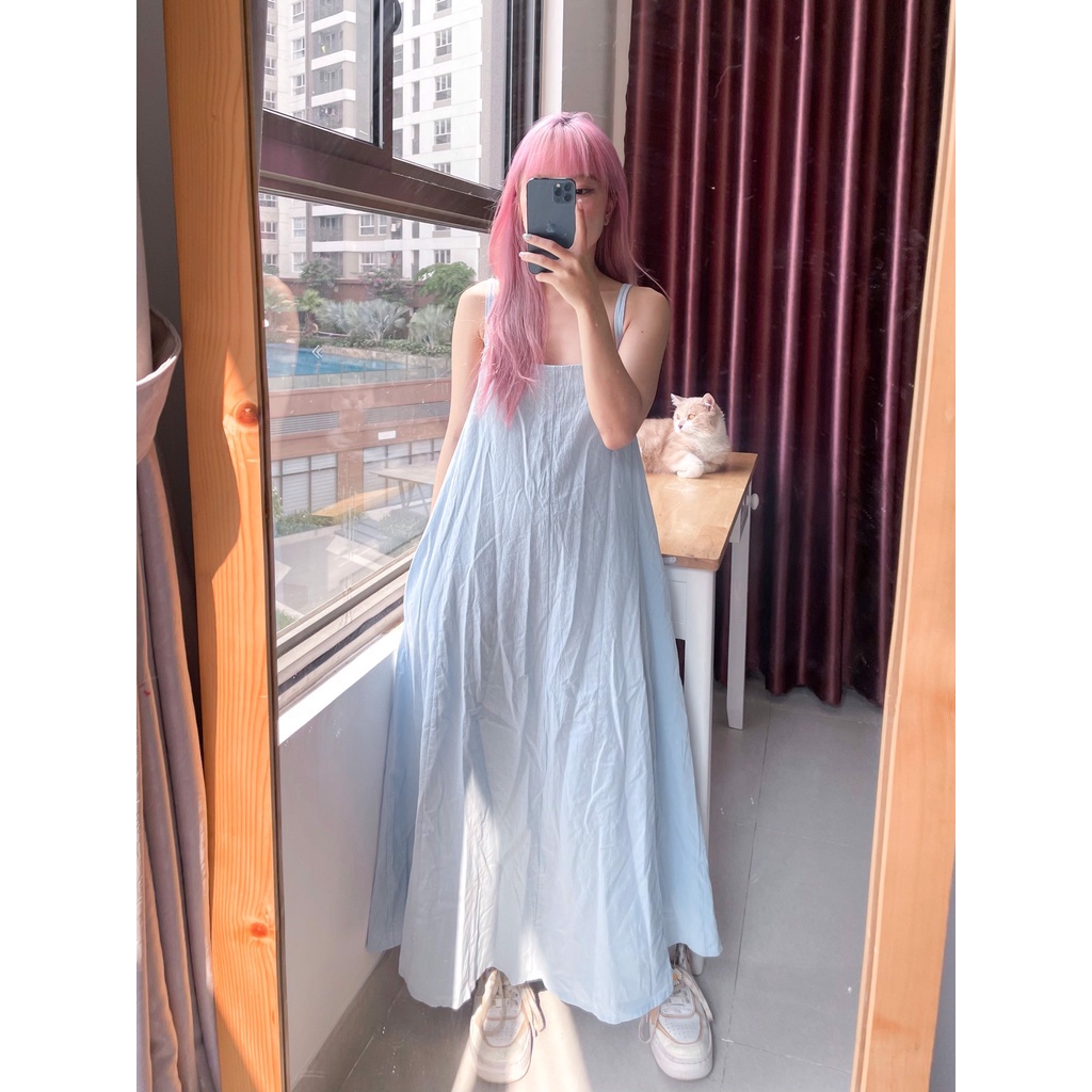 Đầm maxi , Đầm yếm , Đầm 2 dây Cao Cấp thiết kế màu xanh dáng suông dài qua gối hở lưng cột nơ sau - MiNhi | BigBuy360 - bigbuy360.vn