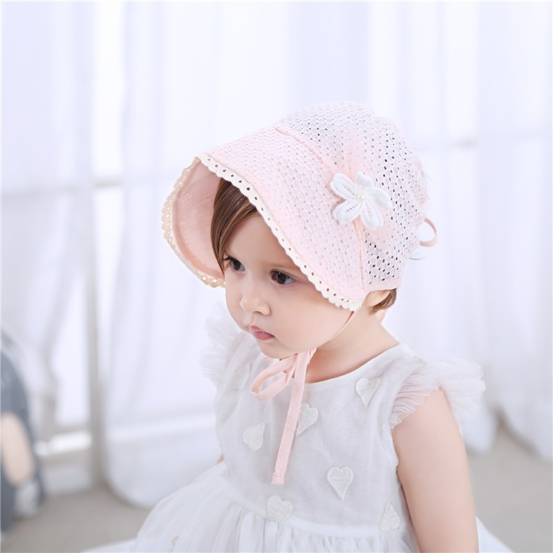 Mũ bonnet cotton đục lỗ đính hoa cho bé MB003