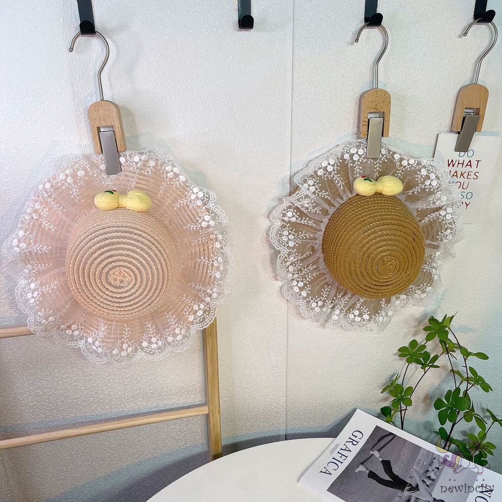 Nón Cói Vành Rộng Phối Ren Thoáng Khí Đính Nơ Họa Tiết Quả Cherry Phong Cách Hàn Quốc Cho Bé Gái