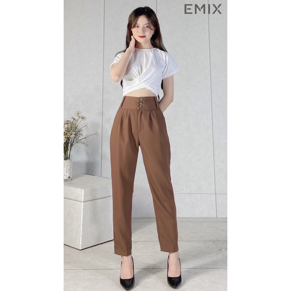 Quần tây nữ baggy 3 khuy EMIX (màu nâu), dáng dài, cạp cao, bản to 7cm, form rộng, vải tuyết mưa mềm mịn, không nhàu 303