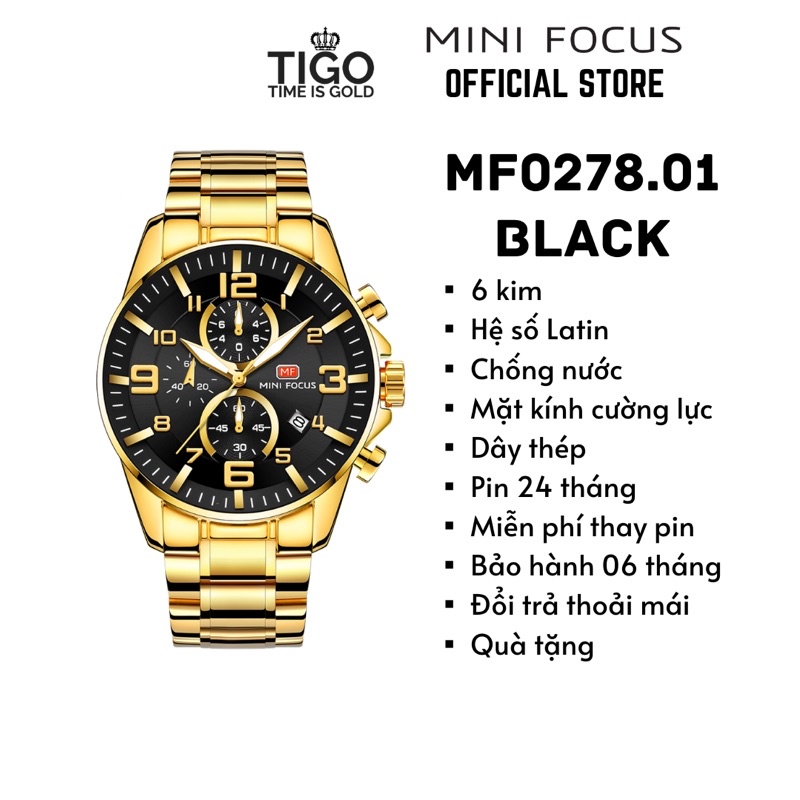 Đồng hồ nam MINI FOCUS MF0278G.01 dây thép viền thép không gỉ màu vàng mặt đen 3 kim hàng chính hãng cao cấp Nhật Bản