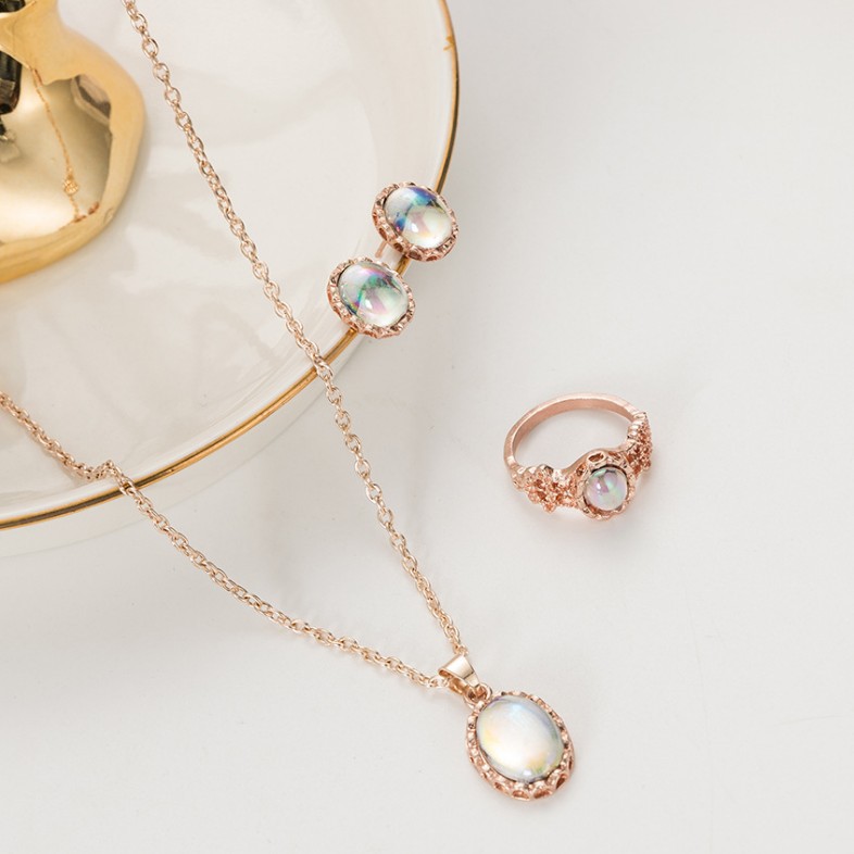 Bộ Trang Sức Mạ Vàng 3 Trong 1 Đính Đá Opal Nhiều Màu