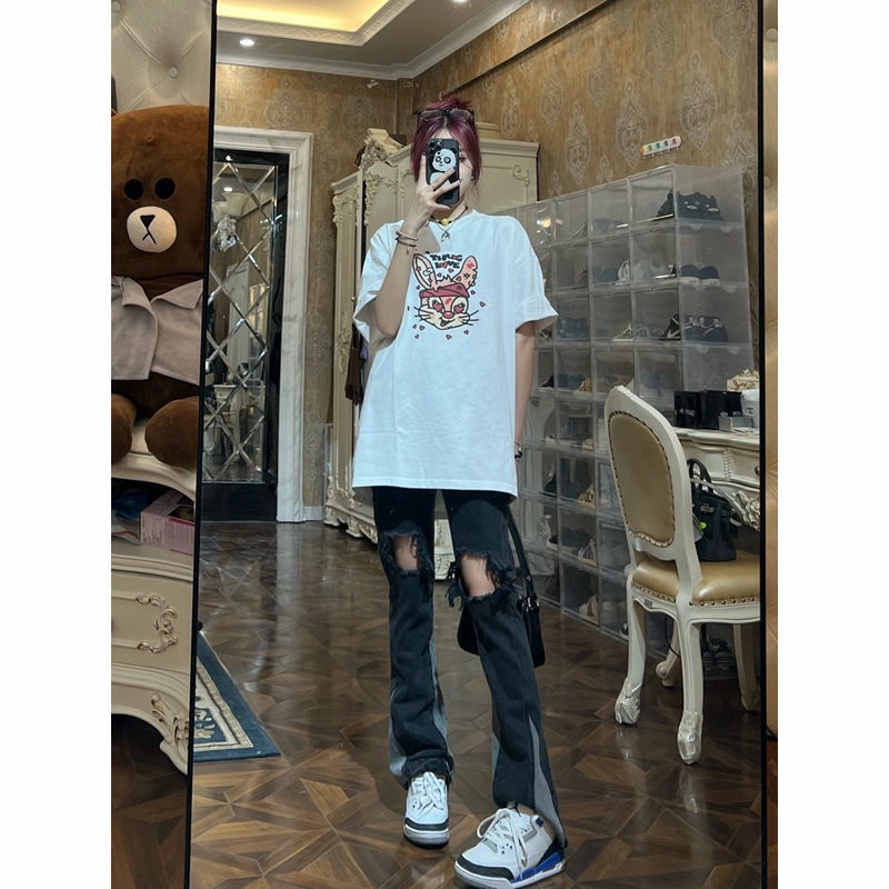 Quần Jean Dài Lưng Cao Ống Loe Rách Gối Phong Cách Hip Hop Đường Phố Mỹ Thời Trang Mùa Hè Cho Nữ