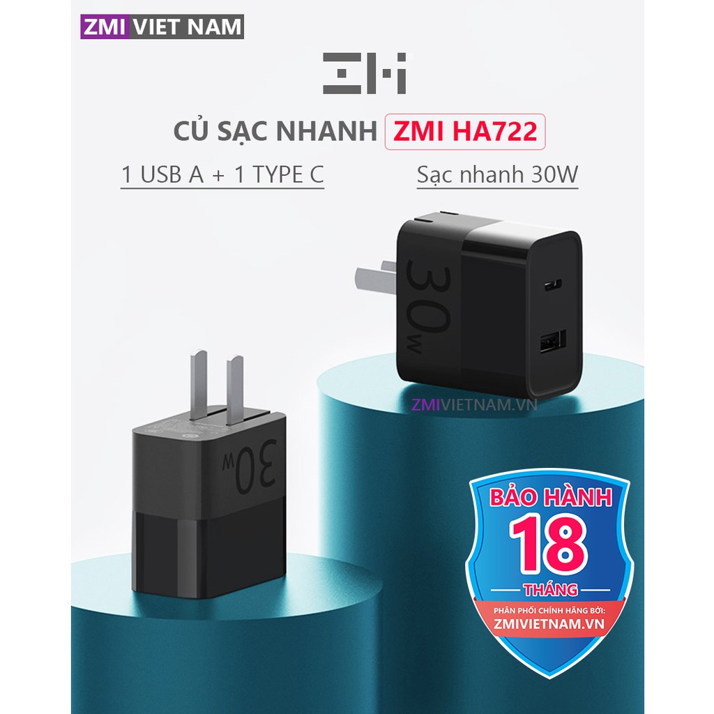 Củ Sạc Nhanh ZMI HA722 30W, 1cổng USB A + 1 Type C | Bảo Hành 18 Tháng