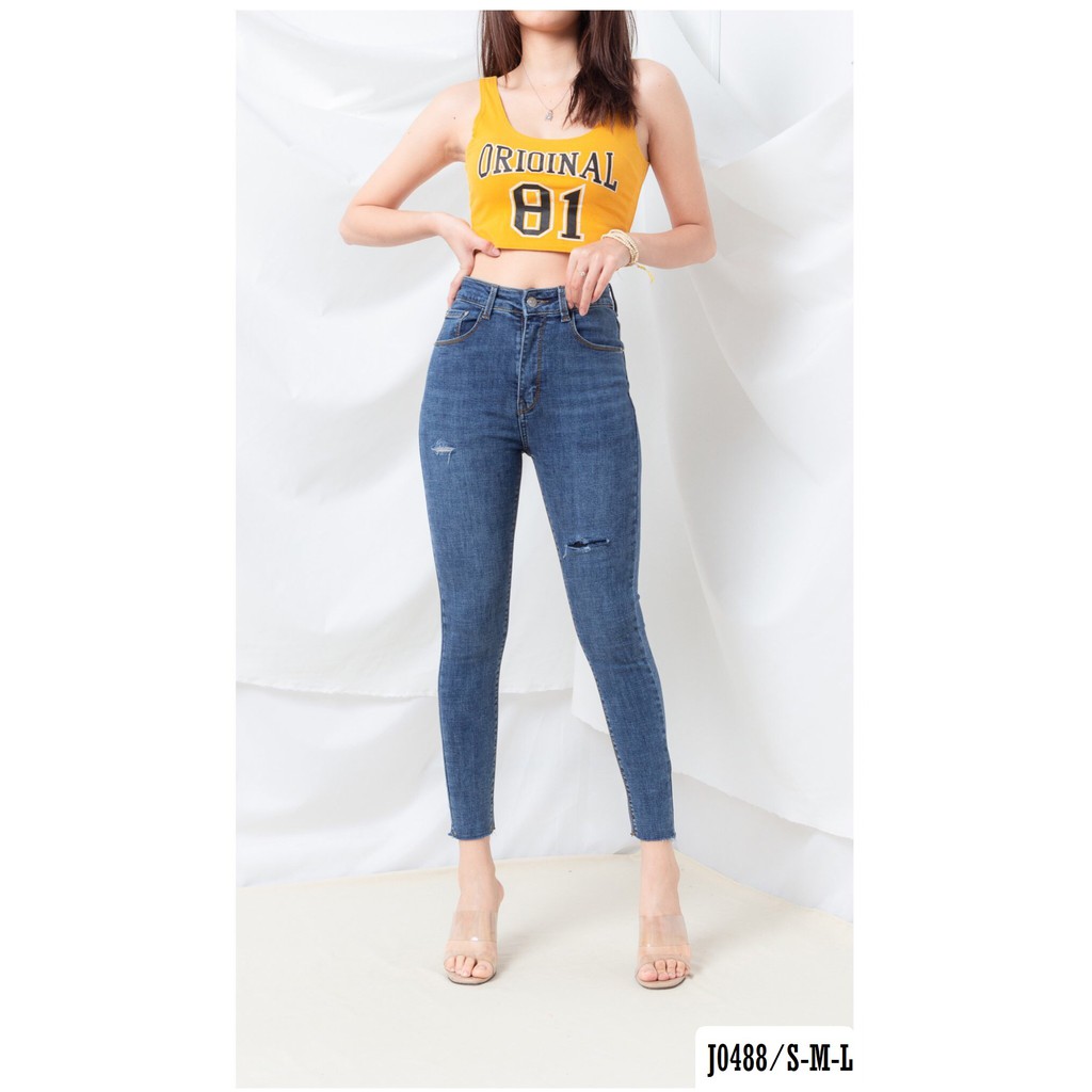 Quần Jean Nữ Ôm Lưng Cao 1 Nút Rách Đùi  J0488 - Jeany