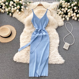 Đầm dây, đầm cổ V chất thun gân dây kèm belt, đầm dài maxi