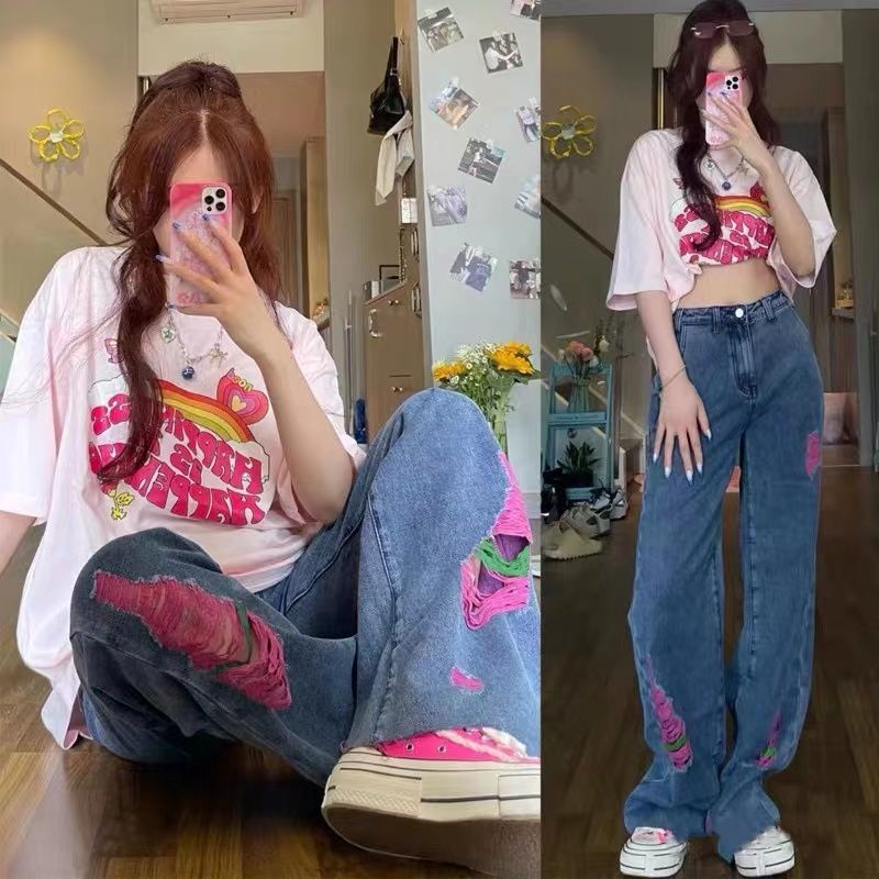 ☢Quần Jeans Nữ Lưng Cao Ống Rộng Rách Gối Cá Tính