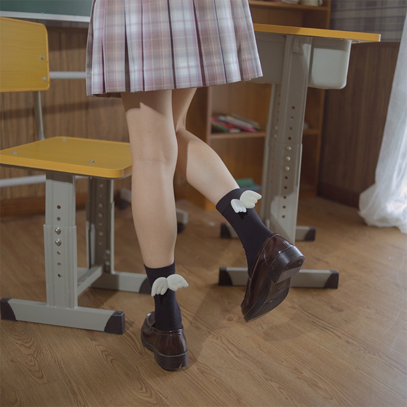 Đôi Vớ Cotton Đính Cánh Thiên Thần Màu Trắng Đen Phong Cách Harajuku Nhật Bản Cho Nữ