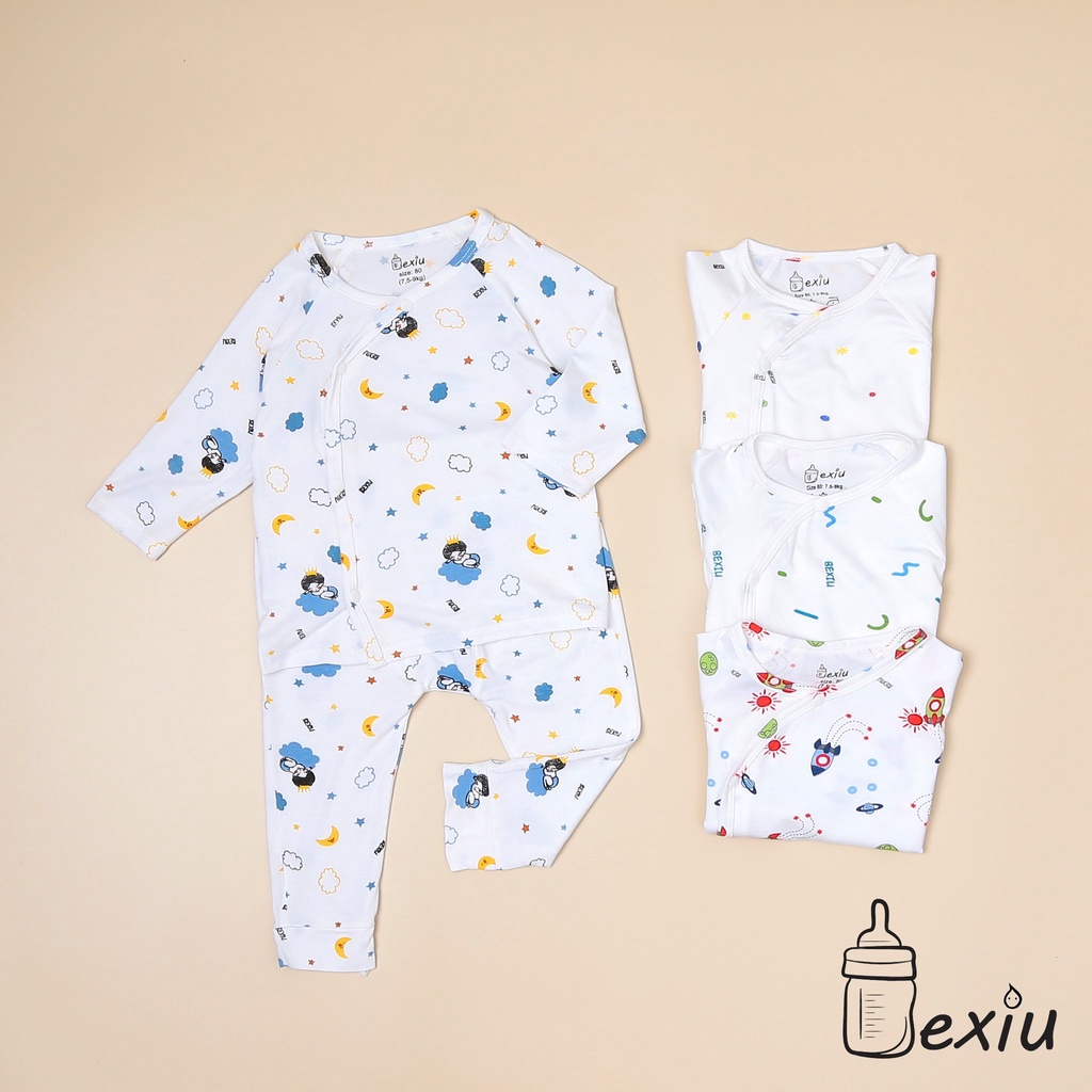 Bộ đồ cài lệch tay dài in rơi Bexiu - Quần Áo Trẻ Sơ Sinh  Vải Cotton Lạnh Cao Cấp Cho Bé Trai Và Gái Từ 4-9 kg