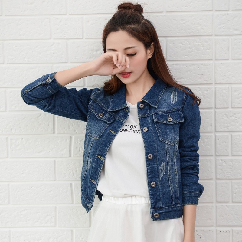 Áo Khoác Denim Lửng Dài Tay Phong Cách Cổ Điển