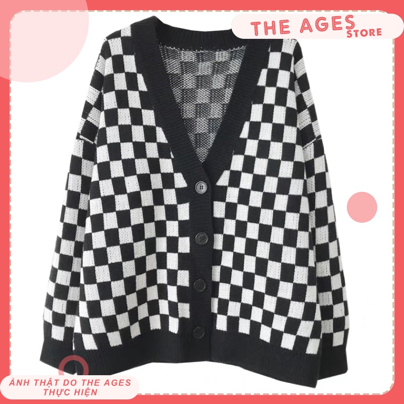 Áo cardigan len dày họa tiết sọc caro, Áo khoác len nữ form rộng 100% được may từ len mềm mịn, dày dặn THE AGES | BigBuy360 - bigbuy360.vn